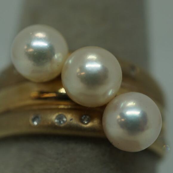14K Yellow Gold Pearl & Diamond Band Ring Size 9.25 Vintage Estate - Picture 10 of 13
